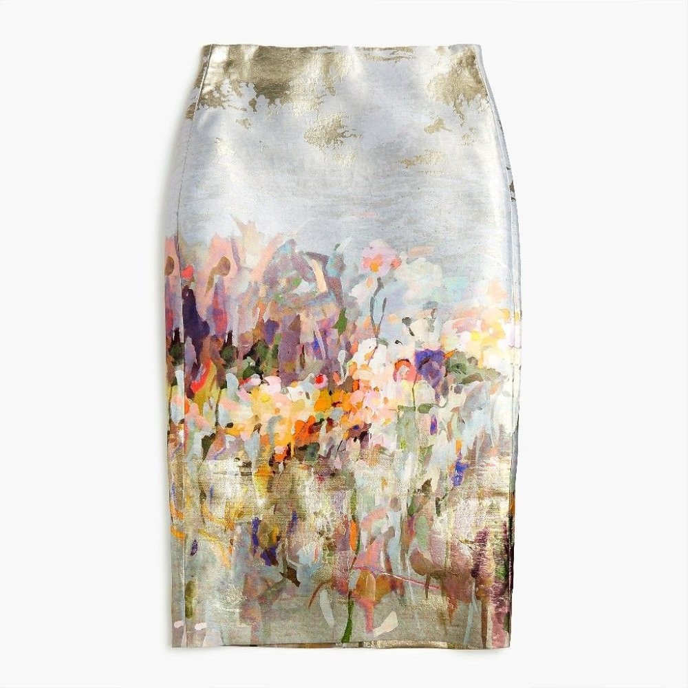 J.CREW COLLECTION Watercolor Pencil Midi Skirt Painted Abstract Floral 6 *RARE*